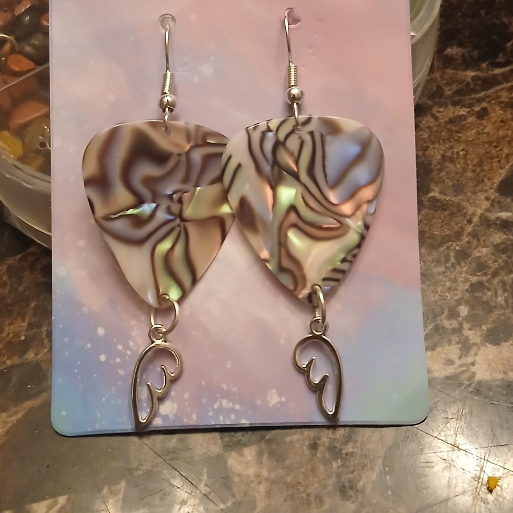 Iridescent Abalone-Effect Heart Drop Earrings with Silver Wing Charm